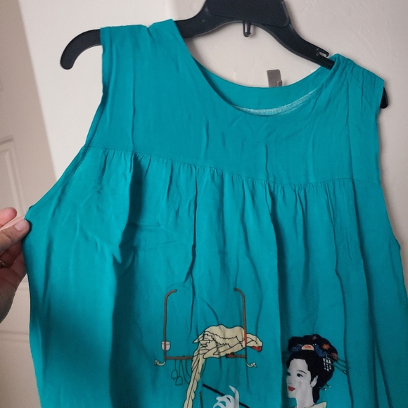 Novelty Japanese "Lady & Parrot" Vintage 90's Turquoise Summer Dress - Picture 3 of 7